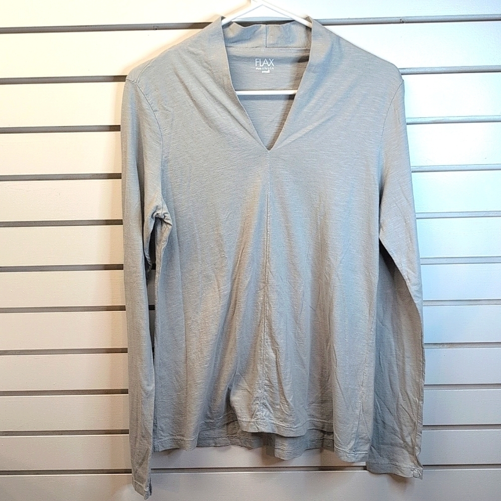Flax 100% Cotton Long Sleeve V-Neck Basic Tee Shirt Dove Gray NWOT